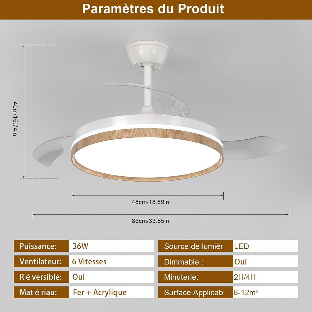 Ventilateur de plafond rétractable Mckalen – LED et télécommande