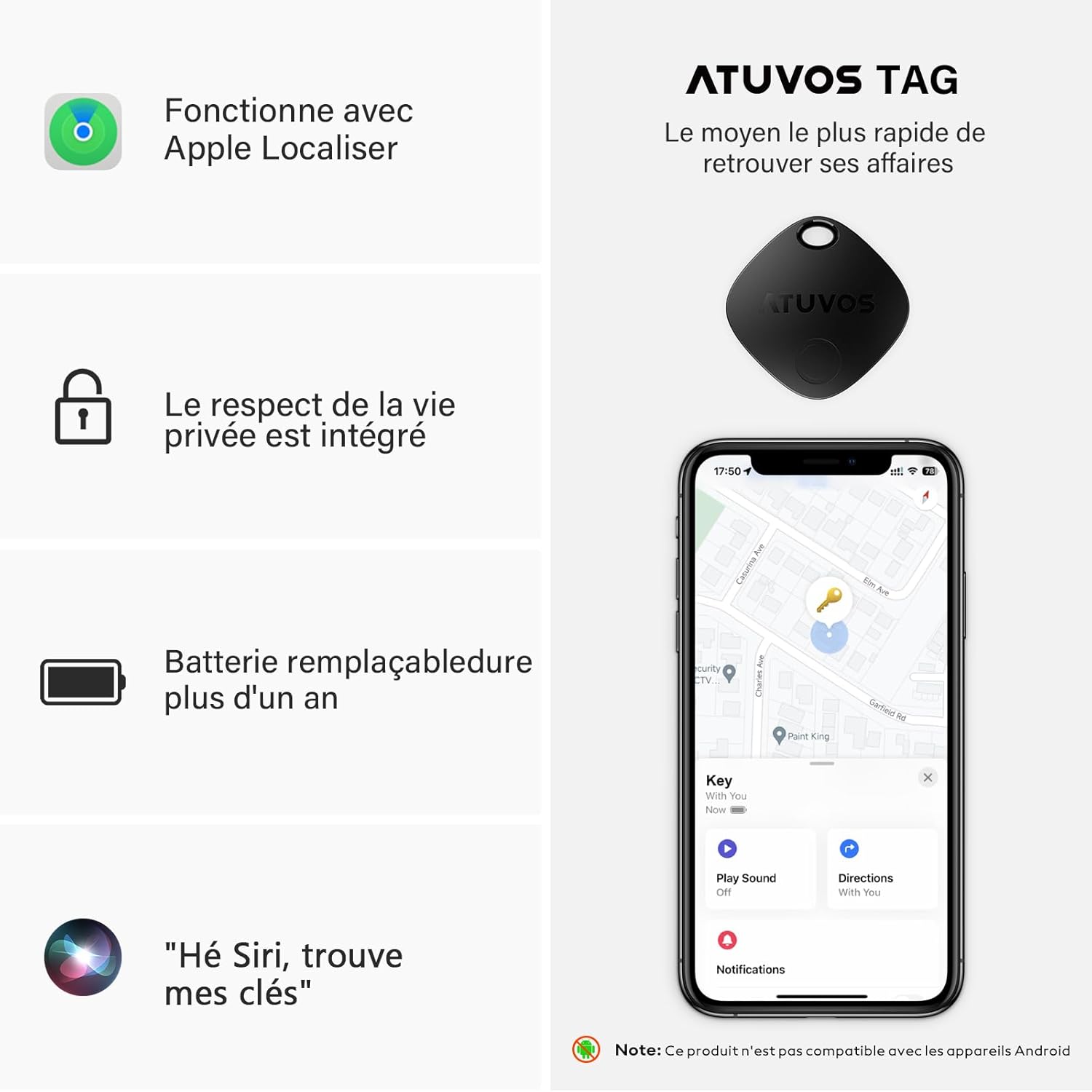 ATUVOS Tag Pro – Localisateur Bluetooth (Compatible Android & iPhone)