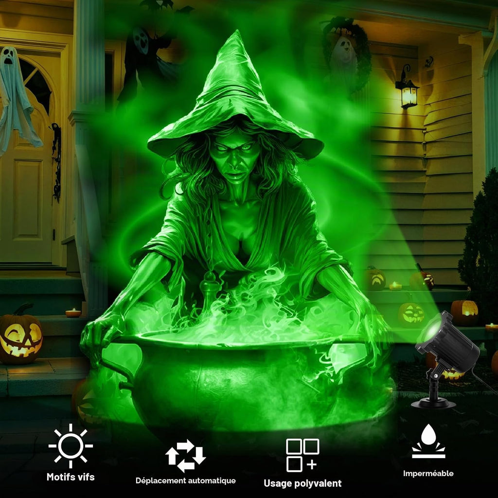 Projecteur Halloween effet holographique sorcière et chaudron