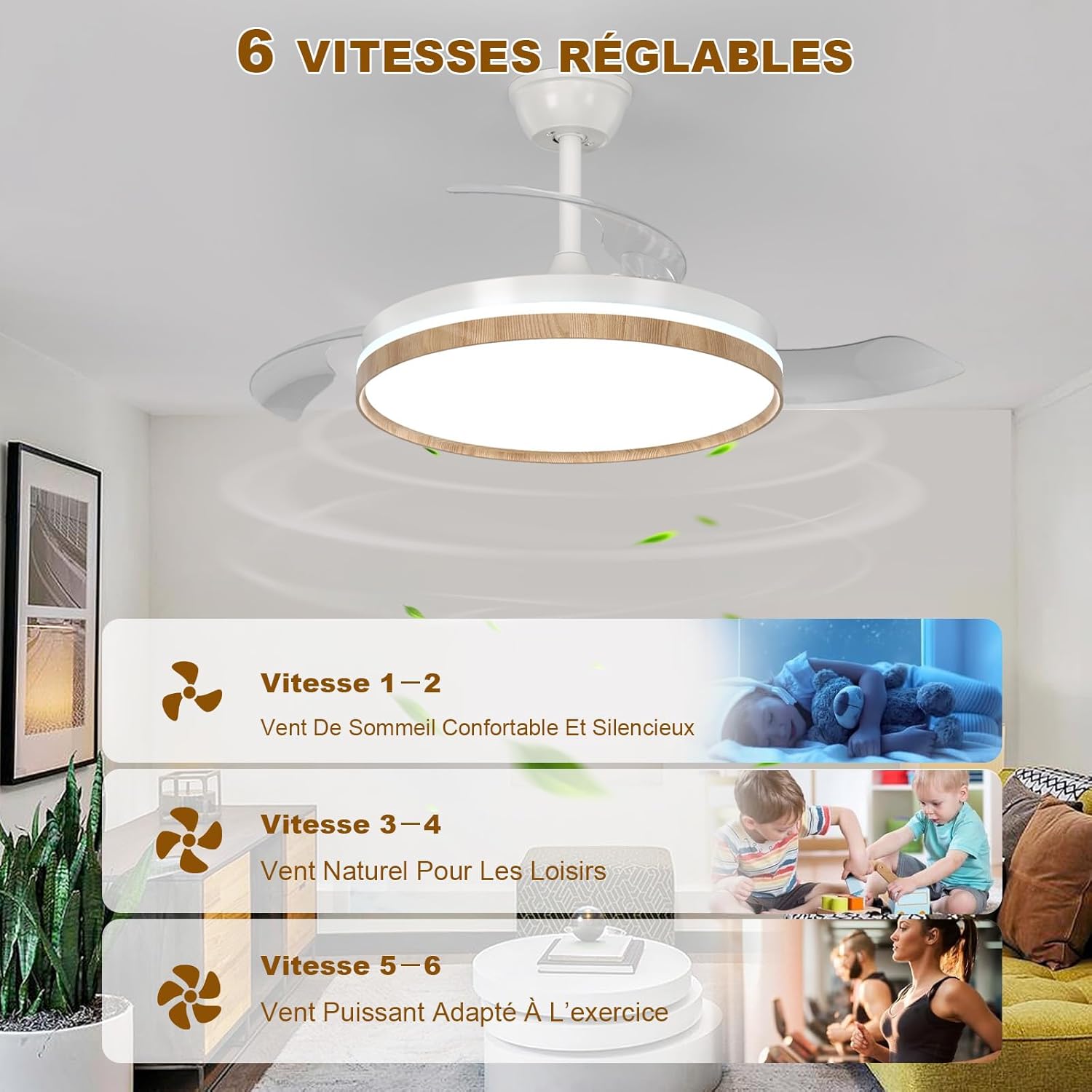 Ventilateur de plafond rétractable Mckalen – LED et télécommande