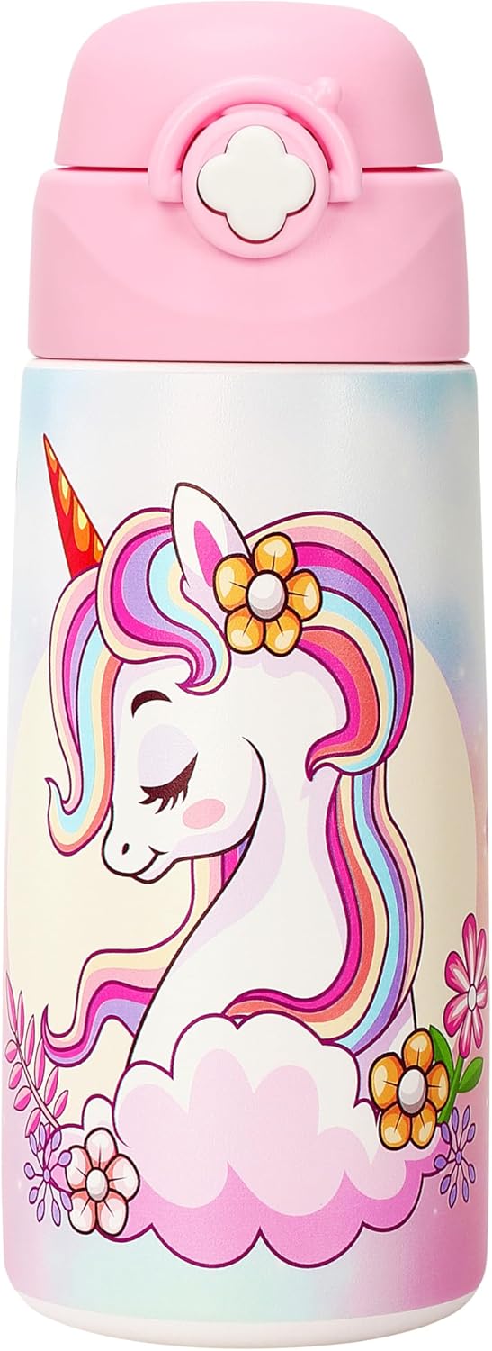 Gourde isotherme enfant motif licorne avec paille amovible