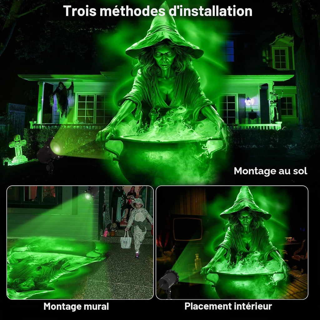 Projecteur Halloween installé sur piquet dans le jardin